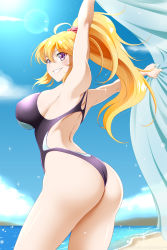 Rule 34 | 1girl, ass, bare shoulders, blonde hair, blush, breasts, competition swimsuit, from behind, grin, highres, kimmy77, large breasts, long hair, one-piece swimsuit, ponytail, purple eyes, rwby, shiny clothes, shiny skin, sideboob, smile, solo, swimsuit, very long hair, yang xiao long