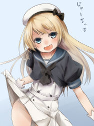 Rule 34 | 1girl, :d, akino shuu, blonde hair, blue background, blue eyes, blue sailor collar, clothes lift, dress, dress lift, gloves, hat, jervis (kancolle), kantai collection, lifting own clothes, long hair, open mouth, panties, puffy short sleeves, puffy sleeves, sailor collar, sailor dress, short sleeves, simple background, smile, solo, underwear, white gloves, white hat, white panties