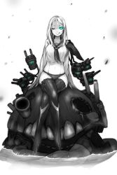 Rule 34 | 10s, 1girl, :p, abyssal ship, blue eyes, boots, breasts, ganesagi, glowing, glowing eyes, greyscale, highres, kantai collection, large breasts, crossed legs, looking at viewer, monochrome, monster, no pants, nu-class light aircraft carrier, one eye closed, partially submerged, school uniform, serafuku, silver hair, sitting, sitting on head, sitting on person, solo focus, spot color, ta-class battleship, thighhighs, tongue, tongue out, turret, wet, wink