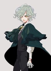 Rule 34 | 1boy, black pants, black vest, bracelet, cape, closed mouth, collared shirt, cowboy shot, edmond dantes (fate), fate/grand order, fate (series), from side, gloves, grey background, grey gloves, half gloves, highres, jewelry, legs apart, long sleeves, looking at viewer, male focus, pants, shirt, silver hair, simple background, solo, standing, star-shaped pupils, star (symbol), symbol-shaped pupils, tenobe, vest, wing collar, yellow eyes