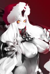 Rule 34 | 10s, 1girl, absurdres, abyssal ship, breasts, claws, glowing, glowing eyes, hat, highres, horns, kantai collection, large breasts, long hair, looking at viewer, orange eyes, oxykoma, santa hat, seaport princess, single horn, smile, solo, tight clothes, very long hair, white hair
