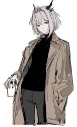 Rule 34 | 1girl, alternate costume, arknights, black pants, black shirt, brown coat, casual, coat, coffee cup, cowboy shot, cup, disposable cup, dragon horns, grey eyes, grey hair, highres, holding, holding cup, horns, open clothes, open coat, pants, shirt, short hair, simple background, sketch, solo, supercalifraglistcexpialidocio, talulah (arknights), white background