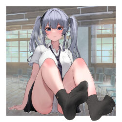 1girl angry ass black_skirt black_socks blue_necktie breasts collared_shirt feet from_below full_body grey_hair highres knees_up lumina414 medium_breasts medium_hair necktie no_shoes original panties pantyshot presenting_foot purple_eyes school_uniform shirt short_sleeves sitting skirt socks striped_necktie twintails underwear white_panties white_shirt