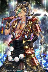 Rule 34 | 1boy, abs, aqua hair, armor, black gloves, blonde hair, blue eyes, bracer, company name, falchion (weapon), fingerless gloves, gloves, hand on own hip, highres, jewelry, long hair, male focus, mito amatsu, multicolored hair, muscular, necklace, o-ring, official art, over shoulder, ponytail, scale print, sengoku hanafuda kassen, smile, standing, two-tone hair