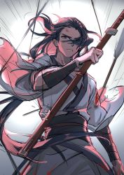 Rule 34 | 1boy, arrow (projectile), black hair, blue eyes, cowboy shot, highres, holding, holding sword, holding weapon, injury, long hair, looking at viewer, solo, suncle, sword, luo xiaohei zhanji, very long hair, weapon, wuxian (the legend of luoxiaohei)