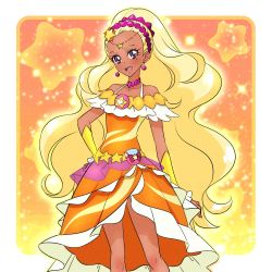 Rule 34 | 1girl, :d, amamiya elena, bare shoulders, blonde hair, commentary, cure soleil, dark-skinned female, dark skin, dress, earrings, english commentary, eyelashes, hair ornament, happy, jewelry, long hair, looking at viewer, magical girl, mole, mole under eye, open mouth, orange dress, precure, smile, solo, standing, star twinkle precure, venuscho