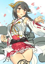 Rule 34 | 1girl, absurdres, bad id, bad twitter id, bare shoulders, black hair, blue sky, boots, brown eyes, cherry blossoms, cloud, commentary request, cowboy shot, day, detached sleeves, hair ornament, hairband, hairclip, haruna (kancolle), headgear, highres, kantai collection, long hair, machinery, osananajimi neko, outdoors, panties, pantyshot, petals, pleated skirt, red skirt, ribbon-trimmed sleeves, ribbon trim, skirt, sky, solo, striped clothes, striped panties, thigh boots, thighhighs, underwear, unfinished, white panties, wide sleeves