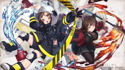 Rule 34 | 2girls, absurdres, animal ears, arknights, black coat, black gloves, black shirt, black shorts, black skirt, boots, breasts, brown eyes, brown hair, cat ears, coat, commentary, copyright name, earrings, fire, firefighter jacket, firefighter, gloves, helmet, highres, holding, holding staff, id card, jacket, jewelry, knee pads, large breasts, long hair, looking at viewer, magic, miniskirt, multiple girls, nagu, official art, open clothes, open jacket, open mouth, pantyhose, red jacket, shaw (arknights), shirt, shorts, skirt, skyfire (arknights), smile, staff, traffic cone, water, watermark