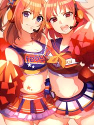 Rule 34 | 2girls, bad id, bad pixiv id, bare arms, bare shoulders, blue eyes, bow, breast press, breasts, cheerleader, cleavage, hair bow, headset, highres, in-franchise crossover, kosaka honoka, looking at viewer, love live!, love live! school idol festival, love live! school idol project, medium breasts, microphone, multiple girls, navel, necktie, one side up, open mouth, orange hair, red eyes, shirasu uni, short hair, small breasts, smile, star (symbol), takami chika, tattoo, yellow bow, yellow neckwear