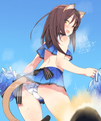 Rule 34 | animal ears, ass, bare shoulders, blush, brown hair, cheerleader, eleonore giovanna gassion, frilled panties, frills, leaning forward, long hair, looking back, luminous witches, no bra, open mouth, panties, pom pom (cheerleading), shimada fumikane, sweat, tail, translation request, underwear, white panties, world witches series, yellow eyes