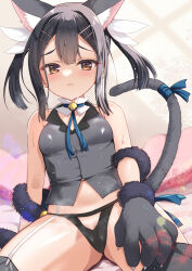 1girl animal_ear_fluff animal_ears animal_hands bare_shoulders bell black_hair black_panties blue_ribbon blush breasts brown_eyes cat_ears cat_tail commentary_request fake_animal_ears fate/kaleid_liner_prisma_illya fate_(series) feather_hair_ornament feathers gloves grey_gloves grey_thighhighs grey_vest hair_ornament hairclip highres jingle_bell kumao_mofumofu long_hair looking_at_viewer miyu_edelfelt miyu_edelfelt_(beast_style) navel neck_ribbon panties paw_gloves ribbon small_breasts solo sweat tail thighhighs thighs twintails underwear vest