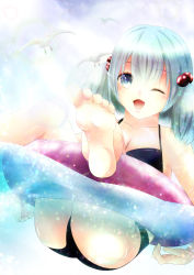 Rule 34 | 1girl, ass, bad id, bad pixiv id, bare shoulders, barefoot, bikini, bird, black bikini, blue eyes, blue hair, blue sky, blush, breasts, cleavage, cloud, cloudy sky, collarbone, feet, glitter, hair bobbles, hair ornament, halftone, highres, hiro thursday, innertube, kawashiro nitori, matching hair/eyes, medium breasts, no headwear, ocean, one eye closed, open mouth, partially submerged, seagull, short hair, short twintails, sitting, sitting on object, sky, soles, solo, swim ring, swimsuit, toes, touhou, twintails, water