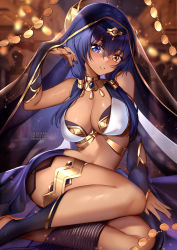 Rule 34 | 1girl, arm support, bad anatomy, bare legs, bare shoulders, black nails, blue eyes, blue hair, blurry, blurry background, breasts, candace (genshin impact), cleavage, commentary, dark-skinned female, dark skin, genshin impact, hair between eyes, hand up, head tilt, heterochromia, highres, large breasts, long hair, looking at viewer, midriff, nail polish, parted lips, sitting, solo, squchan, stomach, thighlet, thighs, veil, yellow eyes