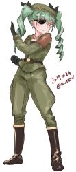 Rule 34 | 1girl, abaratani kurou, anchovy (girls und panzer), anzio (emblem), belt, beret, black belt, black footwear, black gloves, black ribbon, boots, closed mouth, commentary, cosplay, dated, drill hair, emblem, fighting stance, frown, full body, girls und panzer, gloves, green hair, green hat, green jacket, green pants, hair ribbon, hat, heidern, heidern (cosplay), highres, jacket, knee boots, long hair, long sleeves, military, military hat, military uniform, one-hour drawing challenge, pants, pants tucked in, red eyes, ribbon, simple background, solo, standing, sweatdrop, the king of fighters, twin drills, twintails, twitter username, uniform, white background