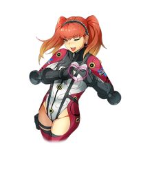 Rule 34 | 1girl, bertha bernstein, blush, cropped legs, gradient hair, hairband, heart, heart hands, holster, long hair, multicolored hair, nose blush, official art, one eye closed, open mouth, orange hair, red eyes, red hair, solo, super robot wars, sweatdrop, teeth, thigh holster, transparent background, twintails, two-tone hair, upper teeth only, watanabe wataru (character designer)