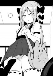 Rule 34 | 1girl, :o, absurdres, animal bag, bad id, bad twitter id, bag, blush, bow, commentary, dress shirt, from below, greyscale, hair between eyes, hair bow, highres, long hair, looking at viewer, monochrome, original, panties, parted bangs, parted lips, pleated skirt, puffy short sleeves, puffy sleeves, shirt, short sleeves, shoulder bag, skindentation, skirt, solo, standing, surio, suspender skirt, suspenders, symbol-only commentary, thighhighs, underwear, very long hair
