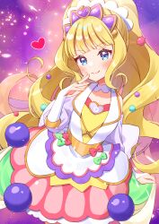 Rule 34 | 1girl, absurdres, back bow, blonde hair, blue eyes, blunt bangs, bow, bridal gauntlets, brooch, closed mouth, commentary, cure finale, delicious party precure, gloves, hair ornament, hand to own mouth, heart, heart brooch, highres, hiiragi syuu, jacket, jewelry, kasai amane, large bow, light particles, long hair, long sleeves, looking at viewer, magical girl, medium skirt, pink skirt, precure, purple headwear, skirt, skirt hold, smile, solo, standing, tiara, twitter username, very long hair, white bow, white gloves, white jacket, wide ponytail