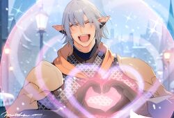 Rule 34 | 1boy, ^ ^, armor, black gloves, blurry, blurry background, building, chainmail, city, closed eyes, commentary, earclip, elezen, elf, facing viewer, final fantasy, final fantasy xiv, gloves, grey hair, hair between eyes, haurchefant greystone, heart, heart hands, lamppost, male focus, matthewmetamor, open mouth, outdoors, pauldrons, pointy ears, short hair, shoulder armor, signature, smile, snowing, solo, sparkle, upper body