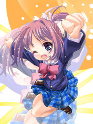Rule 34 | 00s, 1girl, amamiya manami, blue eyes, bow, clenched hand, clenched hands, gakuen utopia manabi straight!, hair tie, jumping, loafers, one eye closed, open mouth, pink bow, pink hair, plaid, plaid skirt, purple hair, q-gaku, school uniform, serafuku, shoes, skirt, solo, wink, zoom layer