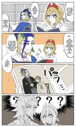 1boy 1girl 4koma adaman_(pokemon) ainu_clothes bandaged_arm bandages black_shirt blonde_hair blue_coat blue_hair bracelet brown_eyes coat collarbone comic confused creatures_(company) eyebrow_cut game_freak hairband hakama height_difference historical_event imo_neko irida_(pokemon) japanese_clothes jewelry kimono library marriage_proposal medium_hair multicolored_hair neck_ring nintendo open_clothes open_coat pokemon pokemon_legends:_arceus pokemon_masters_ex red_hairband red_shirt shirt strapless time_paradox translated