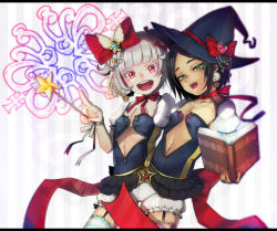 Rule 34 | black hair, bloomers, book, bow, breasts, conjoined, garter straps, green eyes, hair bow, hat, holding, holding book, nikubou maranoshin, open mouth, original, red bow, red eyes, short hair, small breasts, thighhighs, underwear, wand, white hair, witch hat
