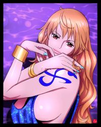 Rule 34 | 1girl, blue dress, blue nails, bracelet, breasts, brown eyes, chris re5, crossed arms, dress, jewelry, large breasts, long hair, nail polish, nami (one piece), one piece, orange hair, sideboob, smile, solo, source request, tattoo