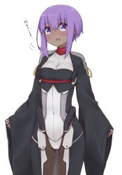 Rule 34 | 1girl, blush, bodysuit, breasts, brown bodysuit, covered navel, dark-skinned female, dark skin, fate/prototype, fate/prototype: fragments of blue and silver, fate (series), flying sweatdrops, hair between eyes, hassan of serenity (fate), head tilt, i.u.y, long sleeves, nose blush, purple eyes, purple hair, sidelocks, simple background, sleeves past wrists, small breasts, solo, standing, translation request, white background, wide sleeves