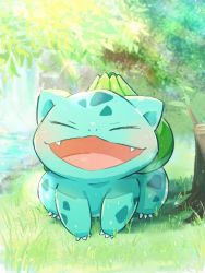 Rule 34 | bulbasaur, claws, commentary request, creatures (company), day, closed eyes, facing viewer, fangs, full body, game freak, gen 1 pokemon, grass, happy, head wreath, highres, ibaraki natou, leaf, light rays, nature, nintendo, no humans, nostrils, open mouth, pokemon, pokemon (creature), solo, tongue, tree, twig