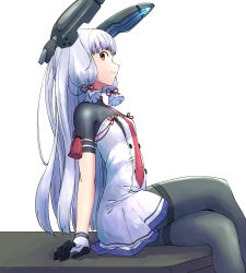 Rule 34 | 10s, 1girl, aqua hair, arm support, black pantyhose, blunt bangs, brown eyes, crossed legs, dress, duntv, from side, gloves, headgear, kantai collection, long hair, looking at viewer, murakumo (kancolle), murakumo kai ni (kancolle), necktie, orange eyes, pantyhose, sailor dress, sitting, smile, solo, white dress