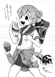 Rule 34 | 1girl, 4shi, bag, braid, breasts, burger, clothes around waist, commentary request, cup, dango-chan (4shi), disposable cup, eating, extra arms, fang, food, food on face, french fries, greyscale, highres, hollow eyes, hollow mouth, miniskirt, monochrome, original, pleated skirt, school bag, school uniform, serafuku, skin fang, skirt, small breasts, solo, spilling, sweater, sweater around waist, translation request, twin braids