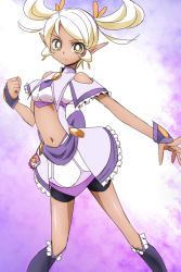 Rule 34 | 1girl, bike shorts, bike shorts under skirt, blonde hair, boots, bright pupils, crop top, expressionless, knee boots, magical girl, midriff, navel, oimanji, original, pointy ears, precure, purple background, short hair, short twintails, shorts, shorts under skirt, skirt, solo, twintails, white background, wrist cuffs, yellow eyes
