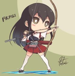 Rule 34 | 10s, 1girl, akagi (kancolle), bad id, bad pixiv id, blush stickers, bow (weapon), brown hair, character name, chibi, drawing bow, fukai ryosuke, holding, holding bow (weapon), holding weapon, japanese clothes, kantai collection, long hair, multiple girls, muneate, personification, pleated skirt, signature, skirt, solo, thighhighs, weapon, white thighhighs, zettai ryouiki