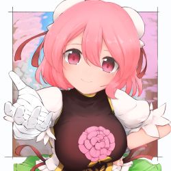 Rule 34 | 1girl, absurdres, bandaged arm, bandages, breasts, bun cover, carnation, cherry blossoms, double bun, eyebrows hidden by hair, flower, gold trim, hair bun, hand on own hip, highres, ibaraki kasen, large breasts, looking at viewer, nazawa (nother), pink eyes, pink flower, pink hair, reaching, reaching towards viewer, short hair, smile, solo, touhou, upper body