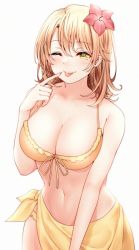 Rule 34 | 1girl, ;p, alternate breast size, bikini, blush, breasts, brown hair, cleavage, commentary request, flower, hair flower, hair ornament, isshiki iroha, large breasts, looking at viewer, medium hair, navel, one eye closed, open mouth, orange bikini, orange sarong, red hayao, sarong, solo, swimsuit, tongue, tongue out, yahari ore no seishun lovecome wa machigatteiru., yellow eyes