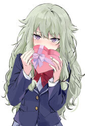 Rule 34 | 1girl, blazer, blue jacket, blush, bow, bowtie, box, buttons, commentary, covered mouth, fingernails, green hair, hair flaps, hands up, heart-shaped box, highres, holding, holding box, iwatnc, jacket, kamiyama high school uniform (project sekai), kusanagi nene, long hair, long sleeves, looking at viewer, low-tied long hair, project sekai, purple eyes, red bow, red bowtie, school uniform, shirt, shy, simple background, solo, valentine, white background, white shirt