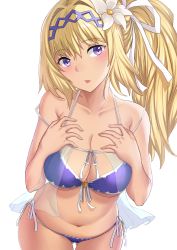 Rule 34 | 1girl, aori sora, bikini, blonde hair, blush, breasts, collarbone, diadem, flower, granblue fantasy, hair between eyes, hair flower, hair intakes, hair ornament, hair ribbon, hands on own chest, highres, hip focus, jeanne d&#039;arc (granblue fantasy), large breasts, lily (flower), long hair, looking at viewer, navel, open mouth, ponytail, purple bikini, purple eyes, ribbon, simple background, solo, swimsuit, thighs, white background