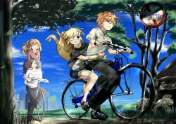 Rule 34 | 2boys, 2girls, :d, ^ ^, ahoge, alternate costume, bicycle, black footwear, black shirt, blonde hair, blue eyes, blue shorts, blue sky, blurry, blush, braid, brown hair, casual, clenched teeth, closed eyes, closed mouth, commentary request, company connection, copyright name, dango, dango daikazoku, dappled sunlight, day, depth of field, eyepatch, floating hair, food, from side, grey hair, happy, hat, hood, hood down, hoodie, hug, hug from behind, kanbe kotori, key (company), long hair, looking afar, looking at viewer, multiple boys, multiple girls, multiple riders, nakatsu shizuru, one eye covered, open mouth, orange hair, outdoors, pink hoodie, rewrite, riding, riding bicycle, road sign, shirt, short hair, short sleeves, shorts, sign, sky, smile, spiked hair, straw hat, summer, sunlight, tagame (tagamecat), teeth, tennouji kotarou, tree, twin braids, twintails, wagashi, white shirt, yoshino haruhiko
