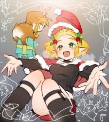 Rule 34 | 1boy, 1girl, bell, blonde hair, blush, breasts, candy, christmas, cosplay, dress, elf, food, gift, green eyes, grin, hat, highres, link, looking at another, nintendo, open mouth, pointy ears, princess zelda, santa costume, santa dress, santa hat, sitting, skirt, smile, the legend of zelda, the legend of zelda: tears of the kingdom
