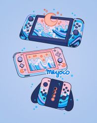 Rule 34 | artist name, blue background, crescent moon, full moon, gibbous moon, half moon, meyoco, moon, moon phases, nintendo switch, no humans, original, simple background, waves