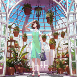 Rule 34 | 1girl, arm up, blue sky, brown eyes, brown hair, checkered floor, day, dress, florist, green dress, highres, indoors, lantern, medium hair, one eye closed, original, ost02, plant, potted plant, puffy short sleeves, puffy sleeves, sandals, short sleeves, sky, solo, standing, watering can, window, zanshomimai