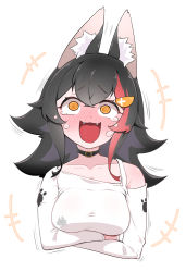Rule 34 | 1girl, :3, @ @, animal ear fluff, animal ears, arms under breasts, bare shoulders, black hair, blush, breasts, choker, collarbone, crossed arms, fangs, full-face blush, highres, hololive, kani bonara, large breasts, laughing, long sleeves, narrowed eyes, off-shoulder shirt, off shoulder, ookami mio, ookami mio (casual), open mouth, orange eyes, paw print, shirt, simple background, smile, solo, taut clothes, taut shirt, tearing up, tears, upper body, virtual youtuber, white background, wolf ears, wolf girl