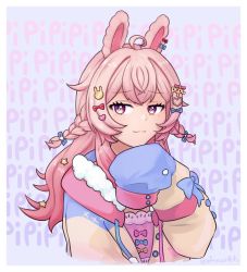 Rule 34 | 1girl, :3, ahoge, animal ears, border, bow, braid, closed mouth, efreezerarts, gradient hair, hair bow, hair ornament, hand up, heart, heart hair ornament, highres, long hair, long sleeves, looking at viewer, multicolored hair, phase connect, pink hair, pipkin pippa, pipkin pippa (1st costume), purple background, purple eyes, rabbit ears, rabbit hair ornament, sleeves past wrists, smile, smug, solo, star (symbol), star hair ornament, twin braids, twitter username, upper body, virtual youtuber, white border