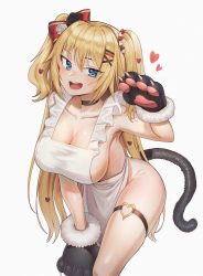 Rule 34 | 1girl, absurdres, akai haato, akai haato (gothic lolita), animal hands, apron, black choker, blonde hair, blue eyes, breasts, bridal garter, cat paws, cat tail, choker, cleavage, collarbone, commentary, fur-trimmed gloves, fur trim, gloves, goback, grey background, hair ornament, hair ribbon, heart, heart hair ornament, highres, hololive, huge filesize, large breasts, naked apron, open mouth, paw gloves, red ribbon, ribbon, simple background, smile, solo, standing, tail, teeth, thighs, upper teeth only, virtual youtuber, white apron, x hair ornament