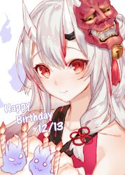 Rule 34 | 1girl, absurdres, bell, birthday cake, blush, cake, candle, closed mouth, commentary, food, hair between eyes, happy birthday, highres, hololive, horns, izumi sai, long hair, looking at viewer, mask, mask on head, multicolored hair, nakiri ayame, nakiri ayame (1st costume), oni, oni mask, red eyes, silver hair, skin-covered horns, smile, solo, streaked hair, virtual youtuber
