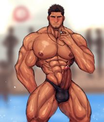 Rule 34 | 1boy, abs, bara, blush, coach, erection, highres, large penis, looking at viewer, male focus, muscular, muscular male, nipples, original, pectorals, pectorals, penis, pool, solo focus, tan, teacher, topless male, toto (artist), water, whistle