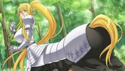 Rule 34 | 1girl, absurdly long hair, animal ears, armor, artist request, blonde hair, blue eyes, blush, boobplate, breastplate, breasts, centaur, centorea shianus, game cg, horse ears, horse tail, huge breasts, long hair, looking at viewer, looking back, monster girl, monster musume no iru nichijou, monster musume no iru nichijou online, official art, outdoors, plate armor, pointy ears, ponytail, solo, tail, taur, tree, very long hair