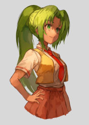 Rule 34 | 1girl, closed mouth, collared shirt, cropped legs, green eyes, green hair, grey background, hair intakes, hand on own hip, higurashi no naku koro ni, long hair, looking up, nasubin (nasubisamurai15), necktie, open clothes, open vest, pink skirt, pleated skirt, ponytail, red necktie, school uniform, shirt, short sleeves, simple background, skirt, smile, solo, sonozaki mion, very long hair, vest, white shirt, wing collar, yellow vest