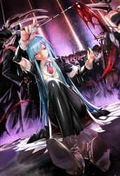 Rule 34 | 1girl, ankle boots, black pantyhose, blood, blue hair, boots, crossed legs, formal, furisuku, highres, long hair, pantyhose, shoe soles, sitting, skull, smile, solo focus, wand