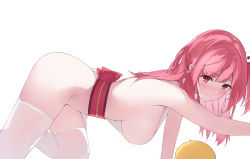 Rule 34 | 1girl, all fours, azur lane, bare shoulders, blush, breasts, closed mouth, from side, hanging breasts, honoka (doa), large breasts, long hair, looking at viewer, looking to the side, obi, one side up, pink eyes, pink hair, prpr friends, sash, side ponytail, simple background, smile, solo, thighhighs, thighs, white background, white thighhighs