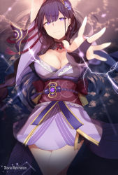 Rule 34 | 1girl, absurdres, arm up, armor, bad hands, blurry, blurry foreground, breasts, bridal gauntlets, cleavage, closed mouth, coattails, commentary, commentary request, electricity, english commentary, floral print, flower, genshin impact, hair ornament, highres, japanese clothes, kimono, large breasts, long hair, long sleeves, looking at viewer, lying, mixed-language commentary, nail polish, obi, obiage, obijime, on back, purple eyes, purple flower, purple hair, purple nails, raiden shogun, reaching, reaching towards viewer, ribbon, ripples, sash, shoulder armor, slovia, solo, tassel, water, wide sleeves